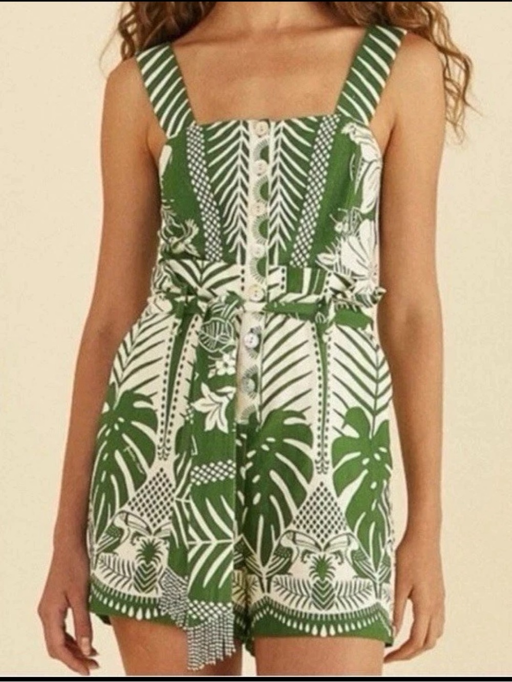 FARM Rio Green and White Tropical Button-Front Romper
